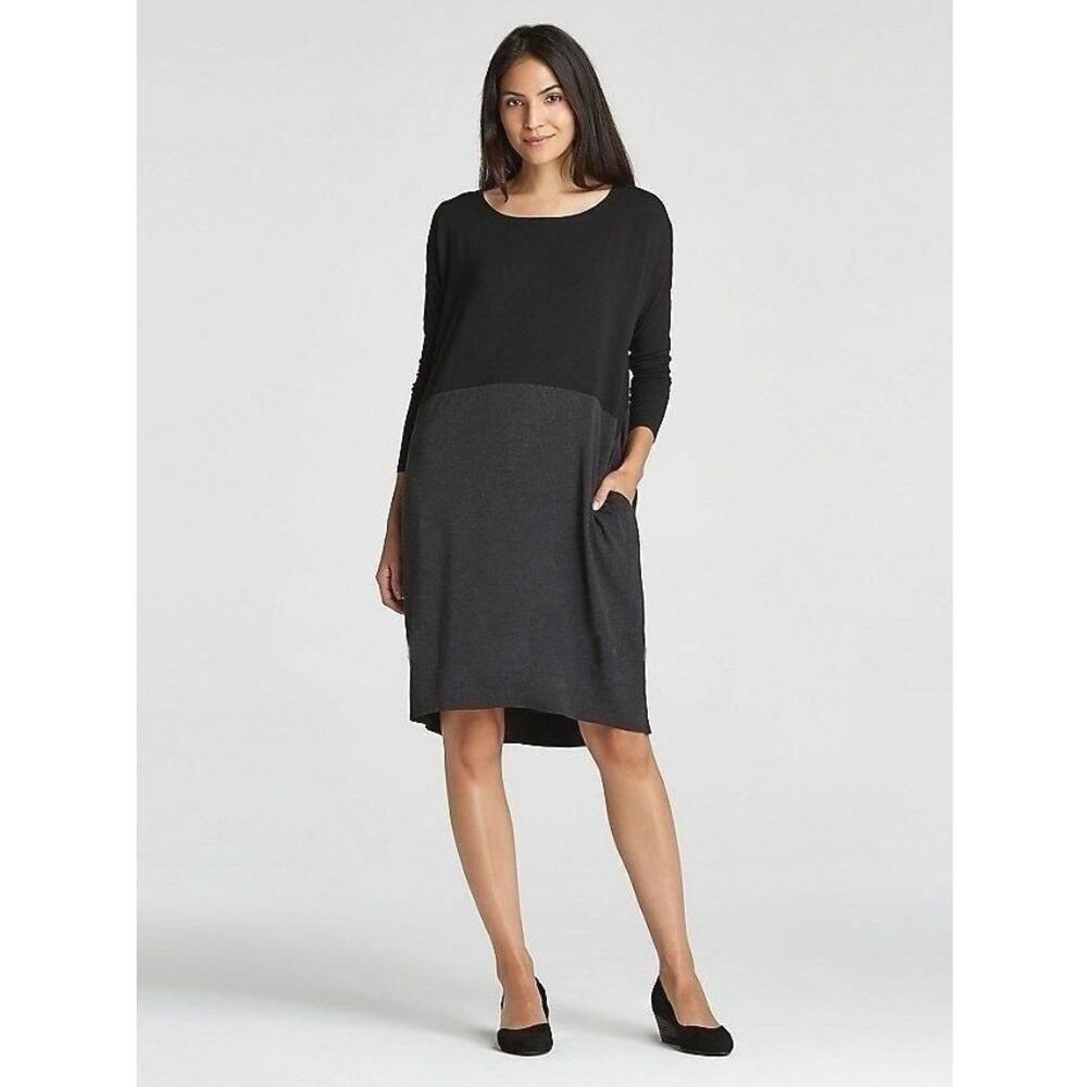 Eileen Fisher Viscose Jersey Colorblock Dress sz M Black/Gray flowy capsule chic